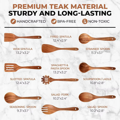 Wooden Kitchen Utensils Set, Smooth Finished Wooden Spoons for Cooking, Natural Teak Cooking Utensils Set for Nonstick Pans