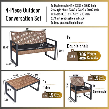 4-Piece Patio Furniture Set Outdoor Balcony Porch Garden Backyard Lawn Furniture Acacia Wood Table Top