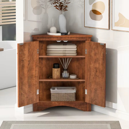 Brown Triangle Bathroom Storage Cabinet with Adjustable Shelves Freestanding Floor Cabinet for Home Kitchen
