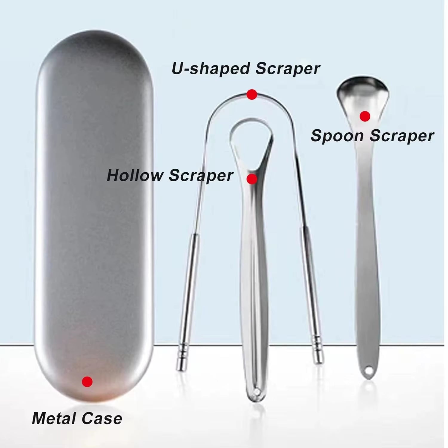 3/4PCS Tongue Scraper for Adults with U-Shaped Hollowed-Out Spooned Stainless Steel Tongue Cleaner with Metal Travel Case Bad