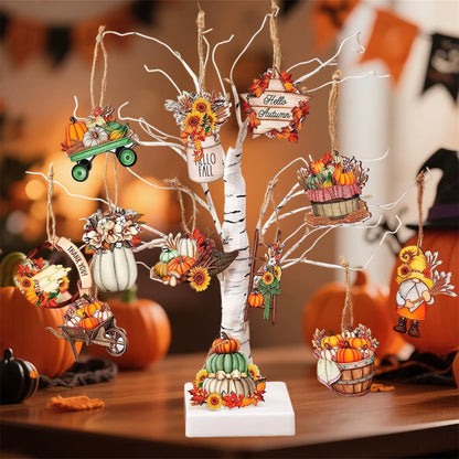 Thanksgiving Harvest Decor Set with Gnome Pumpkin Leaves - Wooden Hanging Ornaments for Autumn Home Party Wall Display